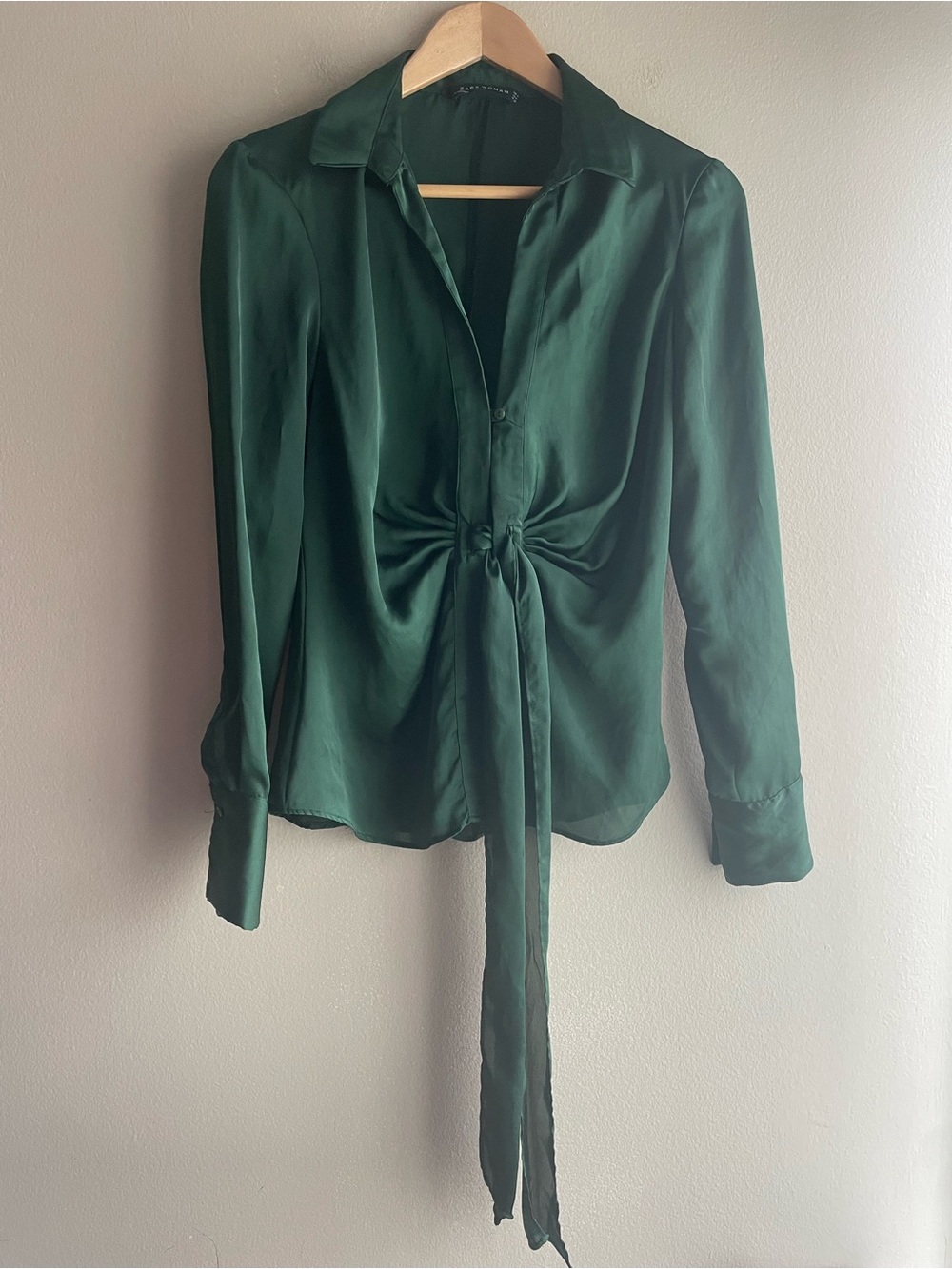 Zara Forest Green Satin Tie-Front Blouse Medium - Picture 8 of 11